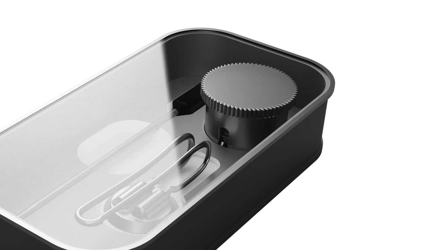 Render of the temperature probe resting in its frosted storage tray